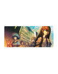 Steins;Gate anime mouse pad 28x12 inches with dusk lab street, tall building, and tense group scene.