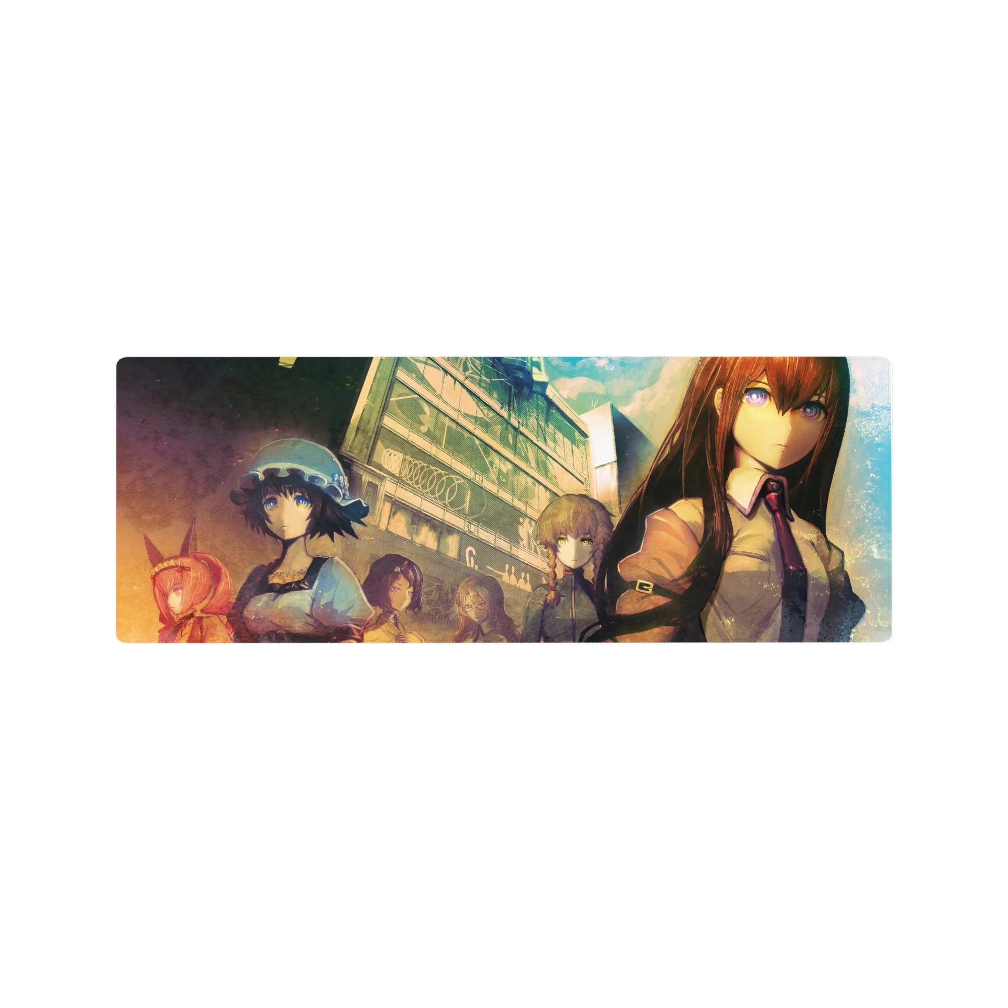 32x12 inches anime mouse pad with Steins;Gate-style lab street, towering windows, and a tense group scene.