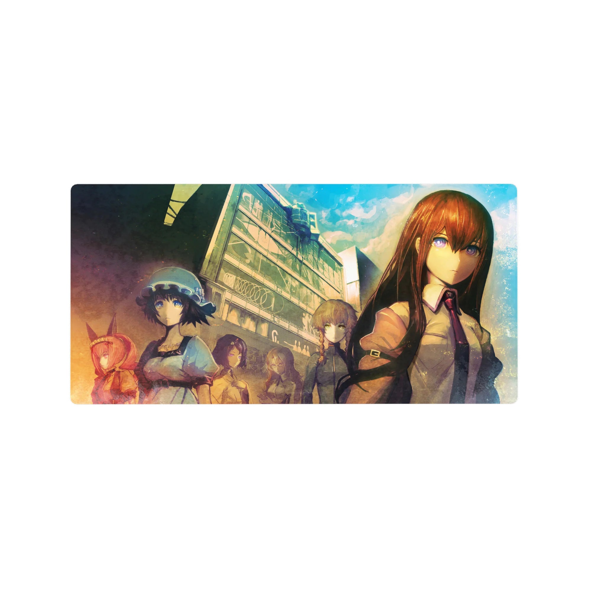 Steins;Gate anime mouse pad 32x16 inches with dusk lab street, tall building, and group of friends.