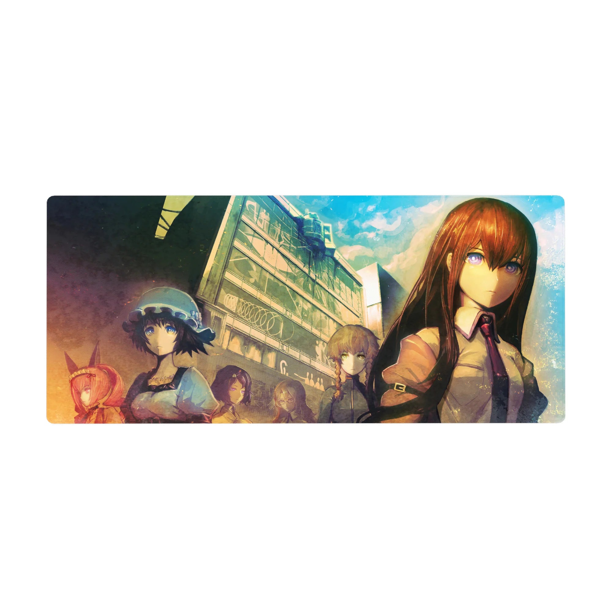 Steins;Gate anime desk pad 36x16 inches with lab street skyline, tall building, and group cast scene.