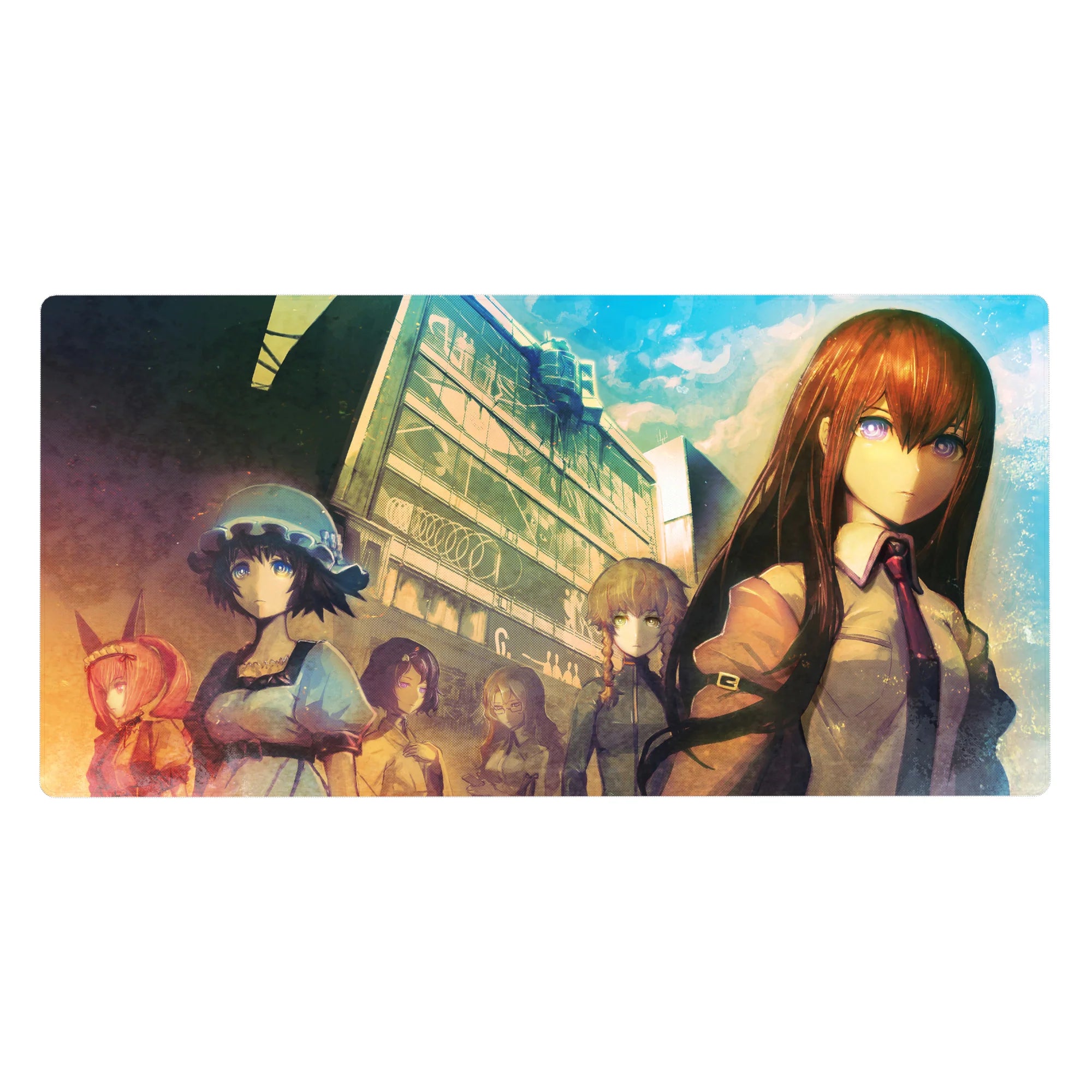 Steins;Gate-inspired anime desk pad 40x20 inches with lab street skyline, friends group, sharp windows.
