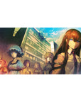 Steins;Gate-inspired anime desk pad 40x20 inches with lab street skyline, friends group, sharp windows.