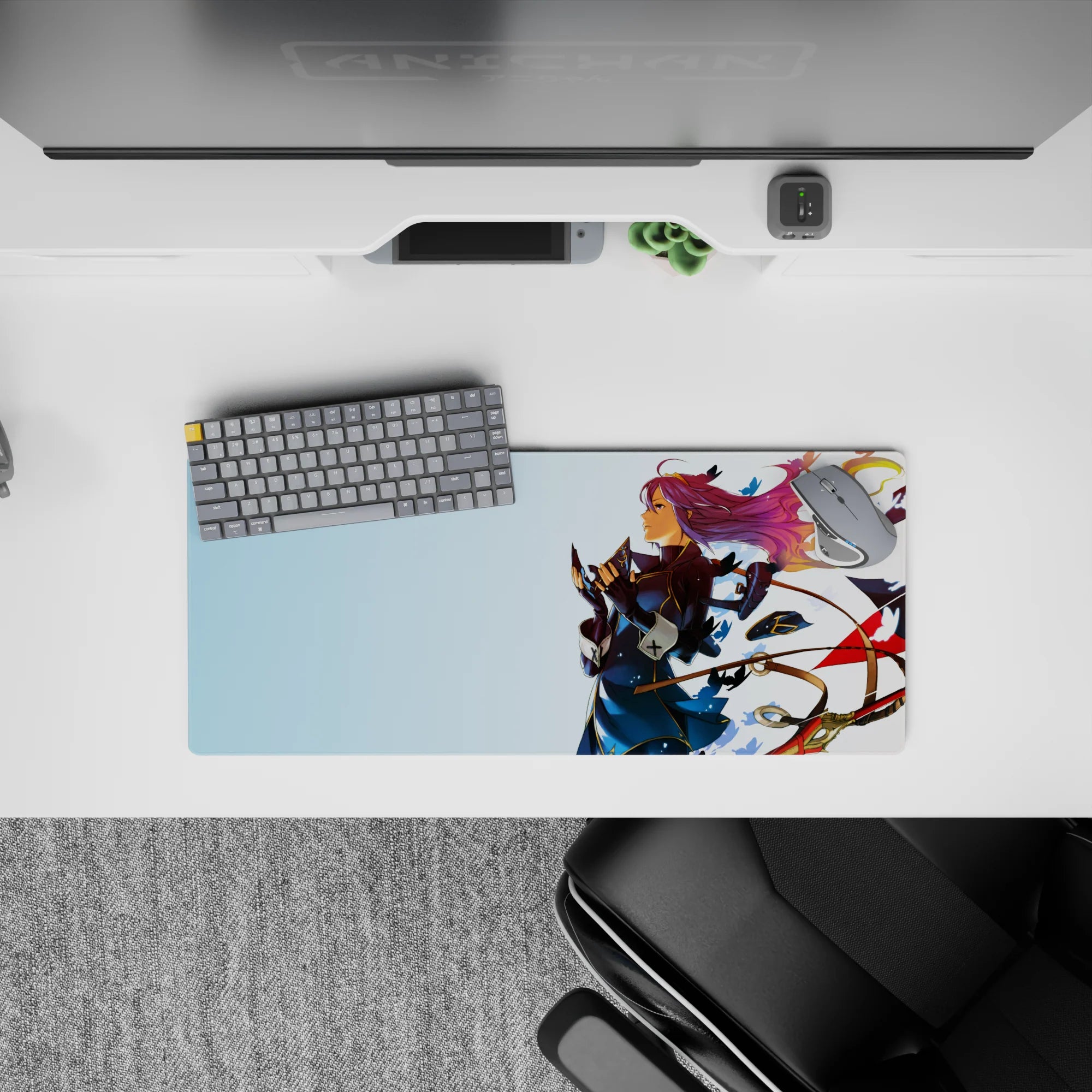 Calm sky-blue anime mouse pad 28x12 inches with violet hair accents and warm gold ribbon details.