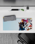 Calm sky-blue anime mouse pad 28x12 inches with violet hair accents and warm gold ribbon details.