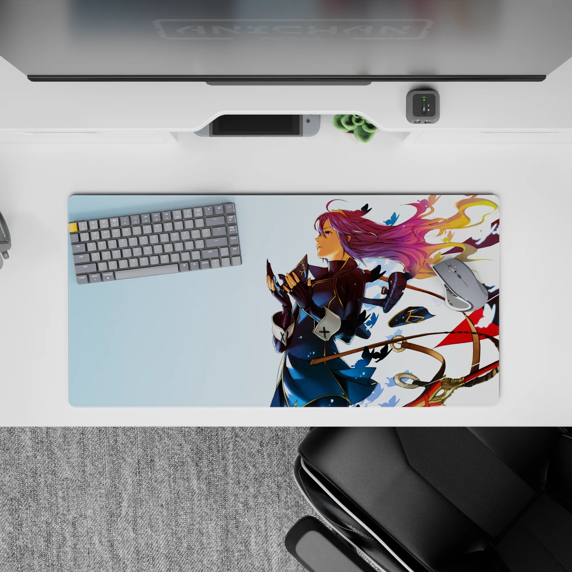 Calm sky-blue anime girl mouse pad 32x16 inches with violet hair, gold ribbons, cozy dreamy vibe.