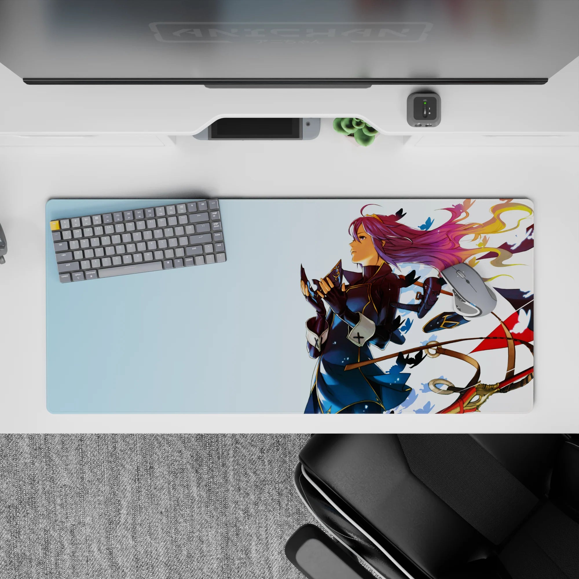Calm sky-blue 36x16 inches anime desk pad with violet hair, warm gold ribbons, soft magical mood.