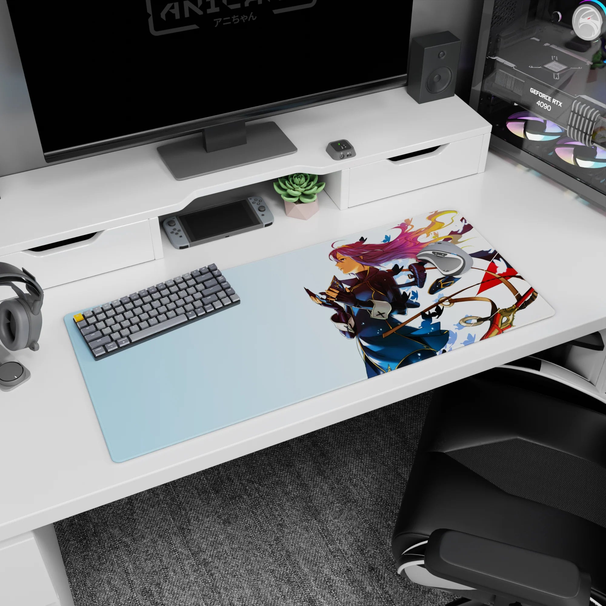 Violet Evergarden 36x16 inches desk pad, hands clasped as if writing a letter, petals drifting.