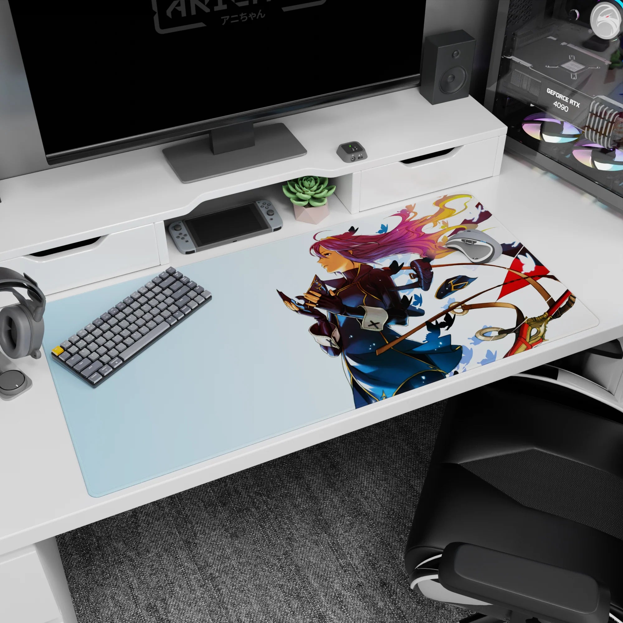 Violet Evergarden desk pad 40x20 inches showing her hands clasped, ready to write, on a pale blue scene.