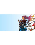 Anime girl desk pad 36x16 inches with crisp linework, petals, and elegant military coat on sky-blue.