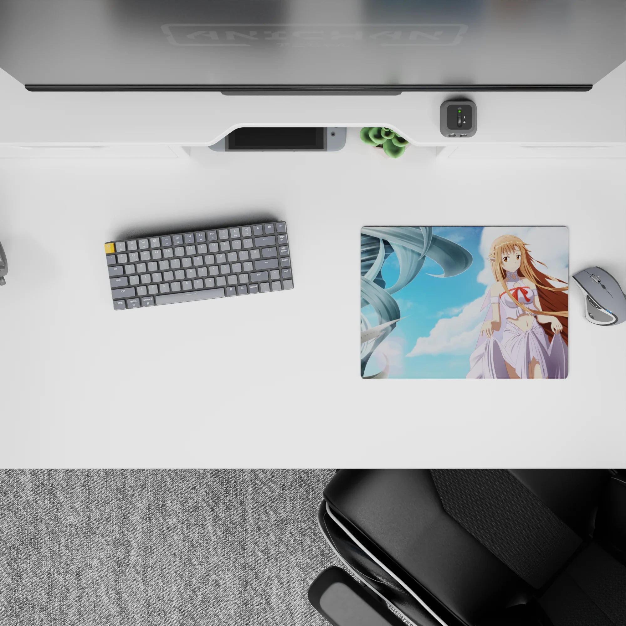 Dreamy sky-blue cloud anime girl mouse pad 14x10 inches with lavender-white dress and soft night glow.