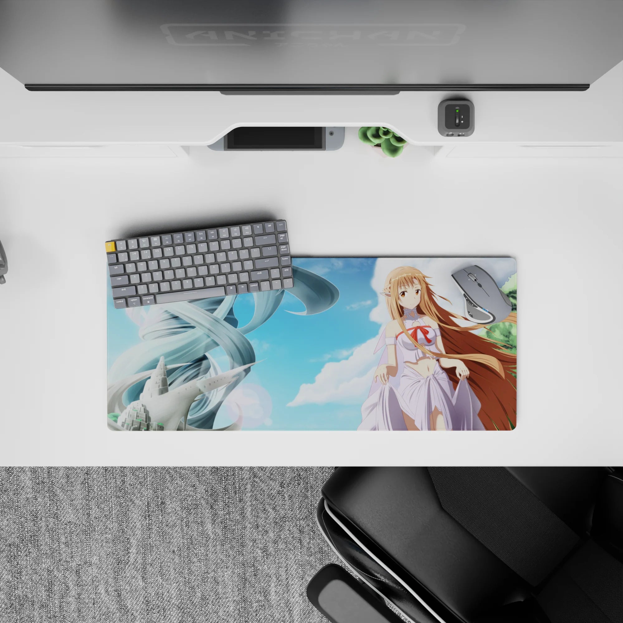 28x12 inches anime girl mouse pad in airy sky blues and soft lavender whites, dreamy night-ready desk aesthetic.