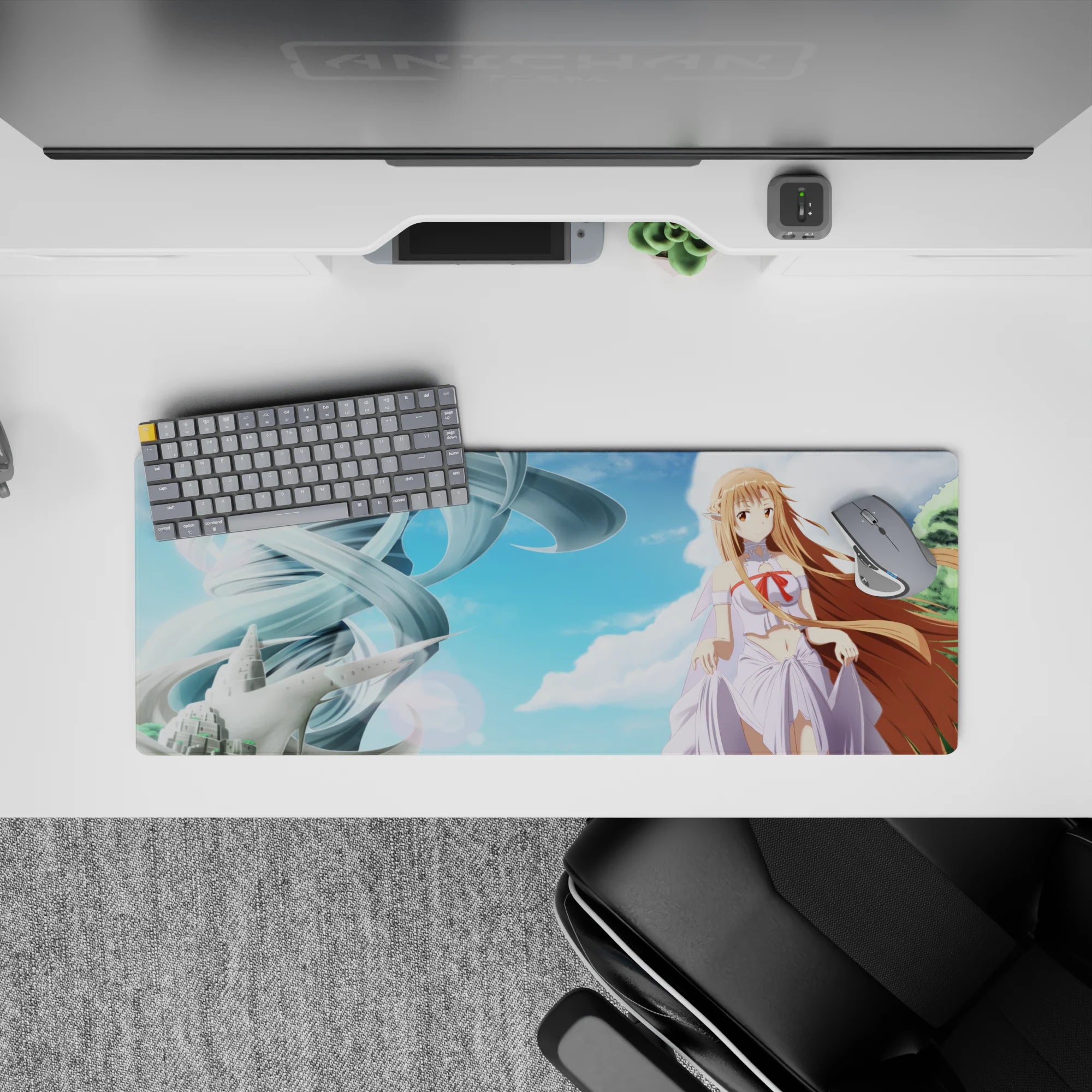 32x12 inches anime girl mouse pad in airy sky blues and soft lavender whites, dreamy bright desk aesthetic.