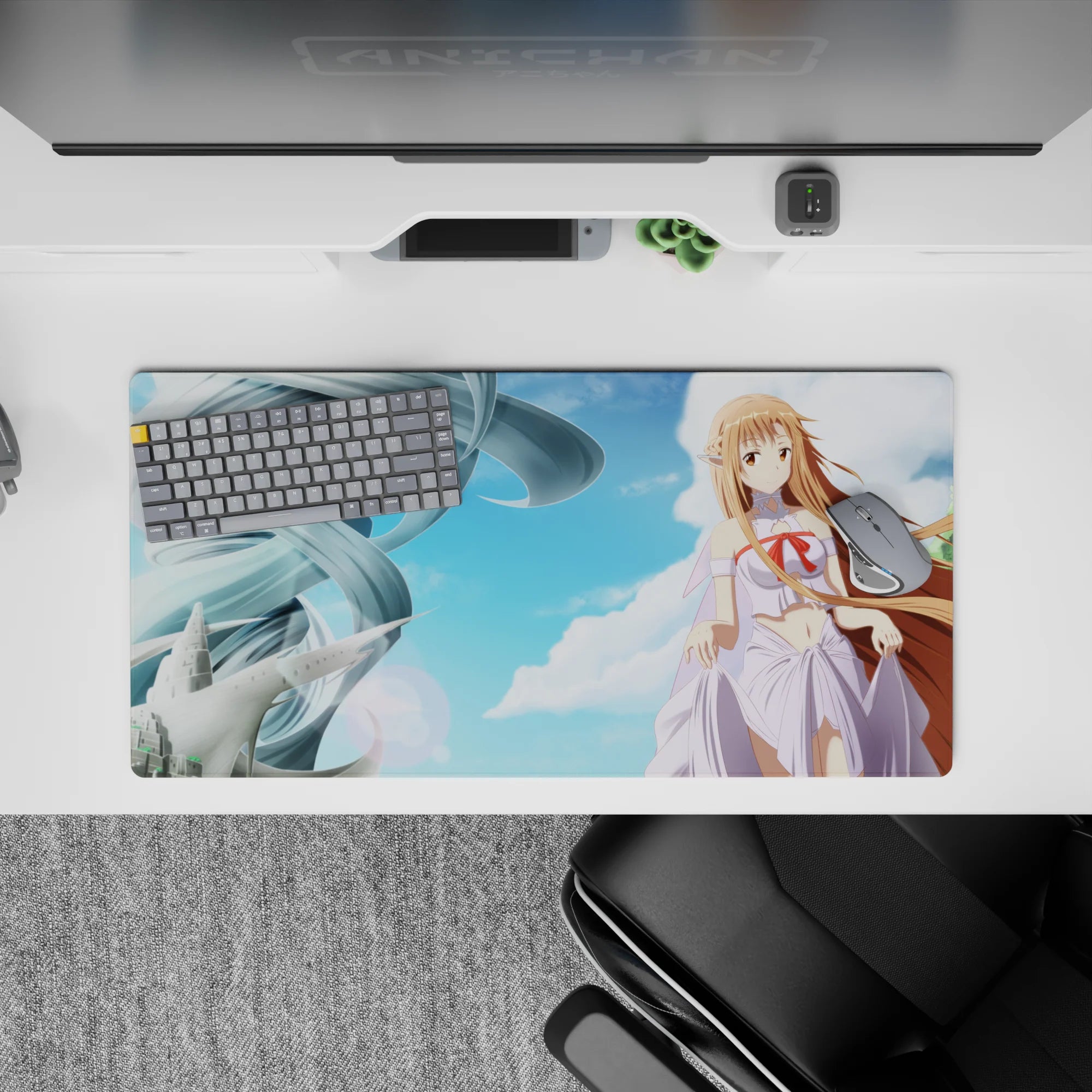 32x16 inches anime girl mouse pad in airy sky-blue and lavender whites, dreamy night glow, smooth glide.