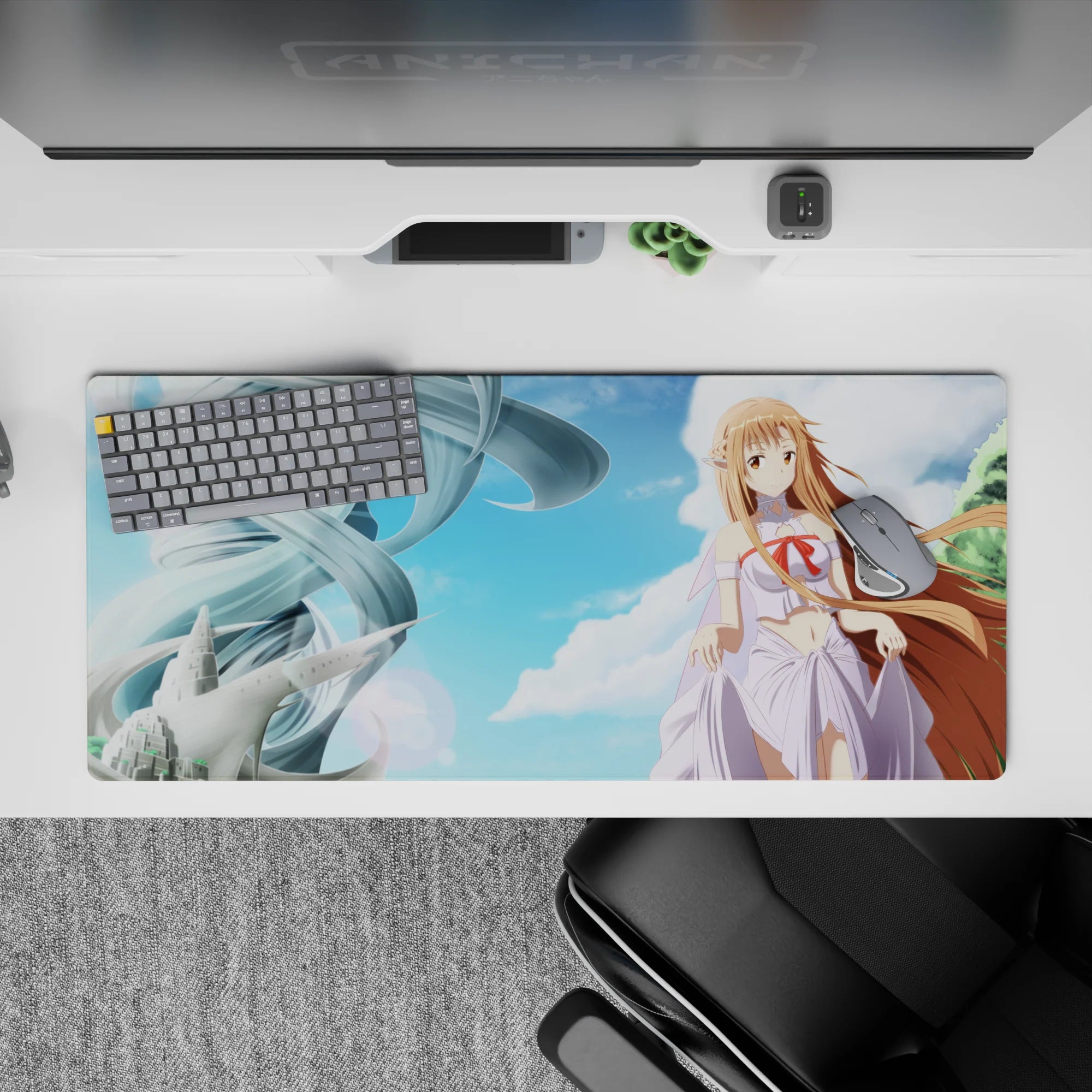 Dreamy sky-blue and lavender anime girl desk pad 36x16 inches with airy clouds and soft night glow.
