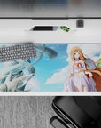 Dreamy sky-blue and lavender anime girl desk pad 36x16 inches with airy clouds and soft night glow.