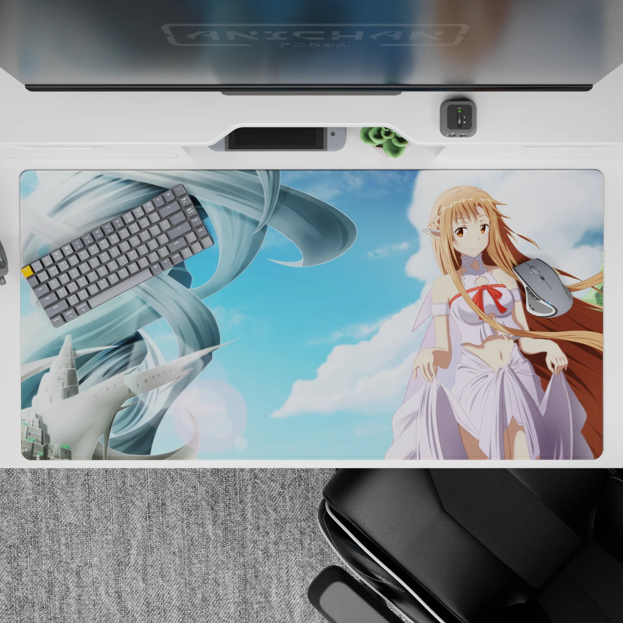 Dreamy sky-blue clouds and soft lavender-white anime desk pad 40x20 inches for a bright setup.