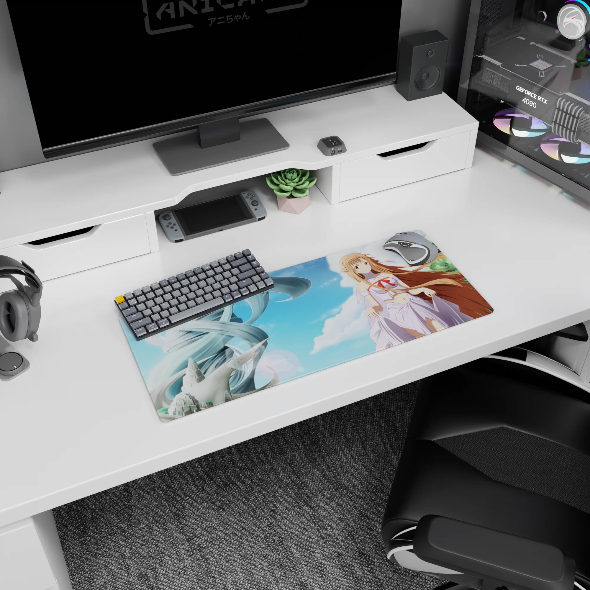 28x12 inches Sword Art Online Asuna mouse pad, hair streaming in breeze with red bow over clean cityscape.
