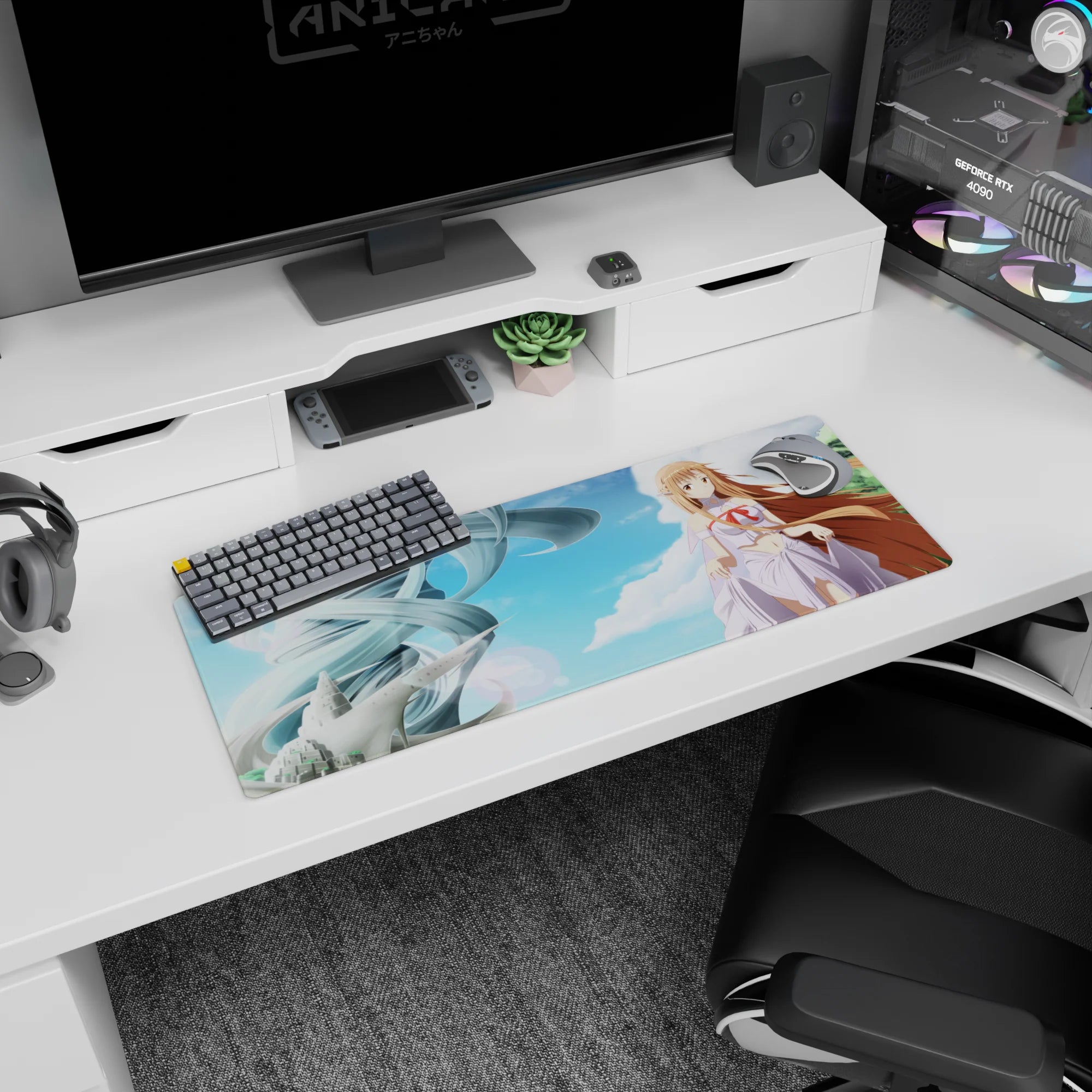 32x12 inches Sword Art Online mouse pad featuring Asuna with flowing hair, red bow, and clouded sky backdrop.