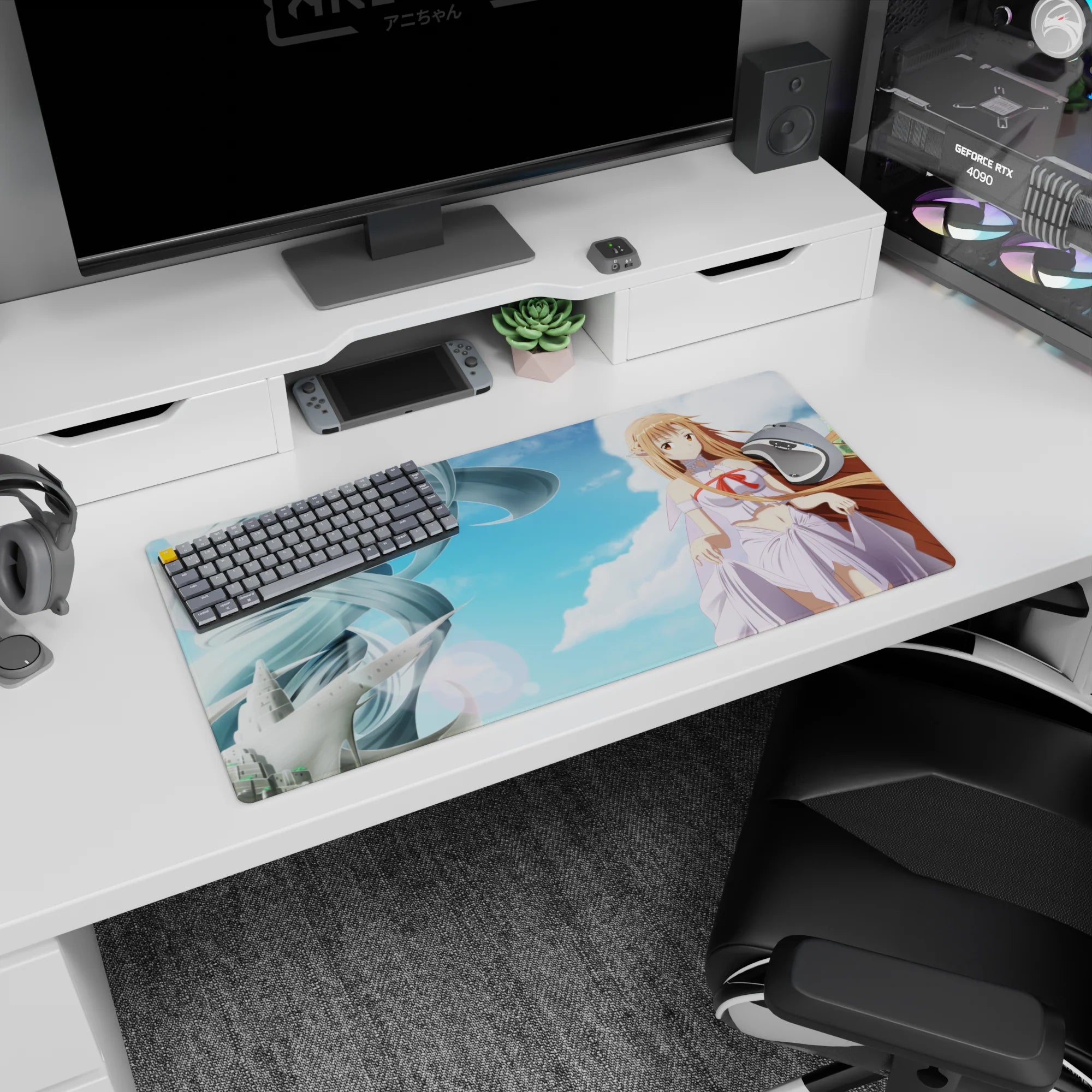 32x16 inches mouse pad featuring Asuna from Sword Art Online, hair streaming by blue clouds and silver tower.