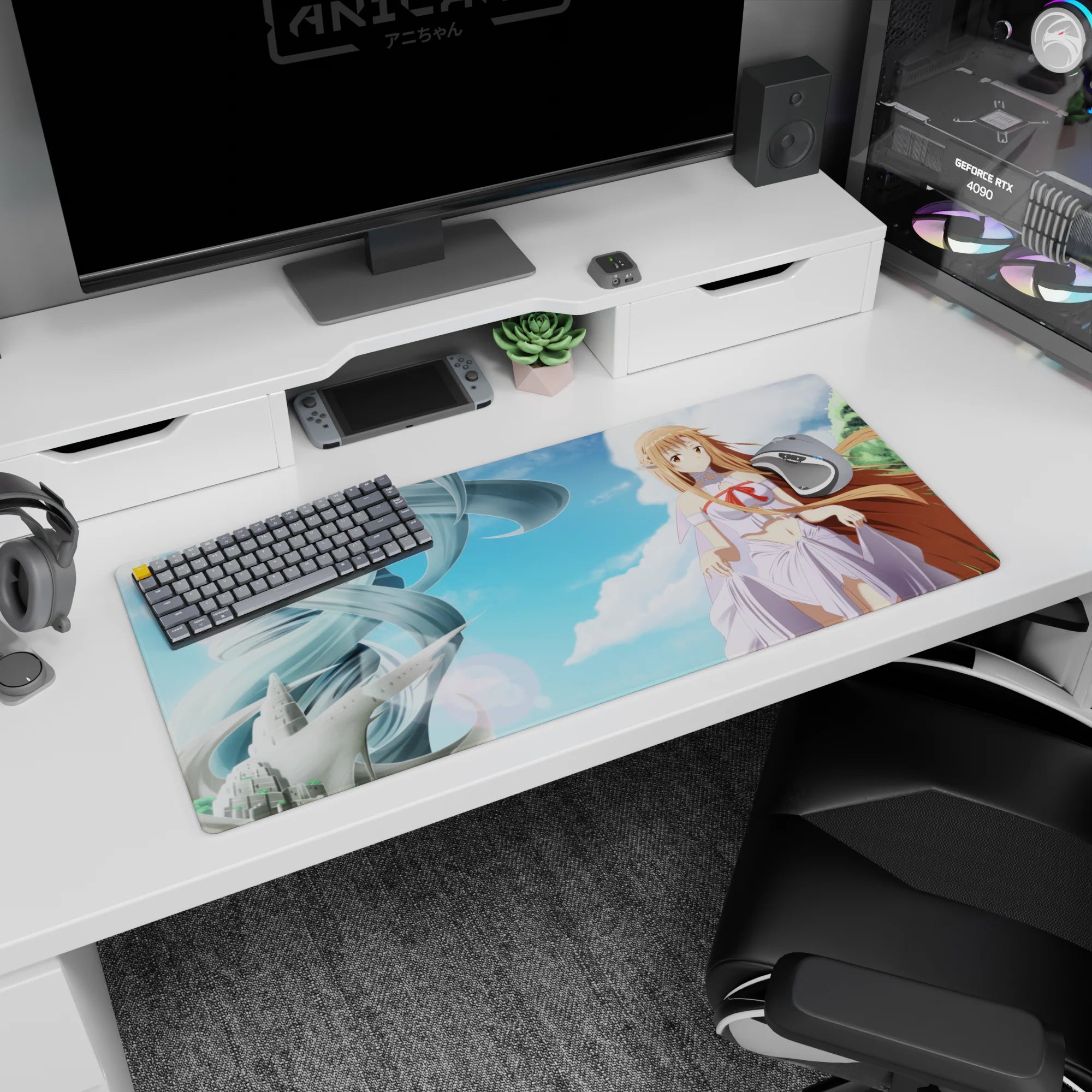 Asuna from Sword Art Online on an anime desk pad 36x16 inches, hair flowing over blue clouds and city.