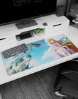 Asuna from Sword Art Online on an anime desk pad 36x16 inches, hair flowing over blue clouds and city.