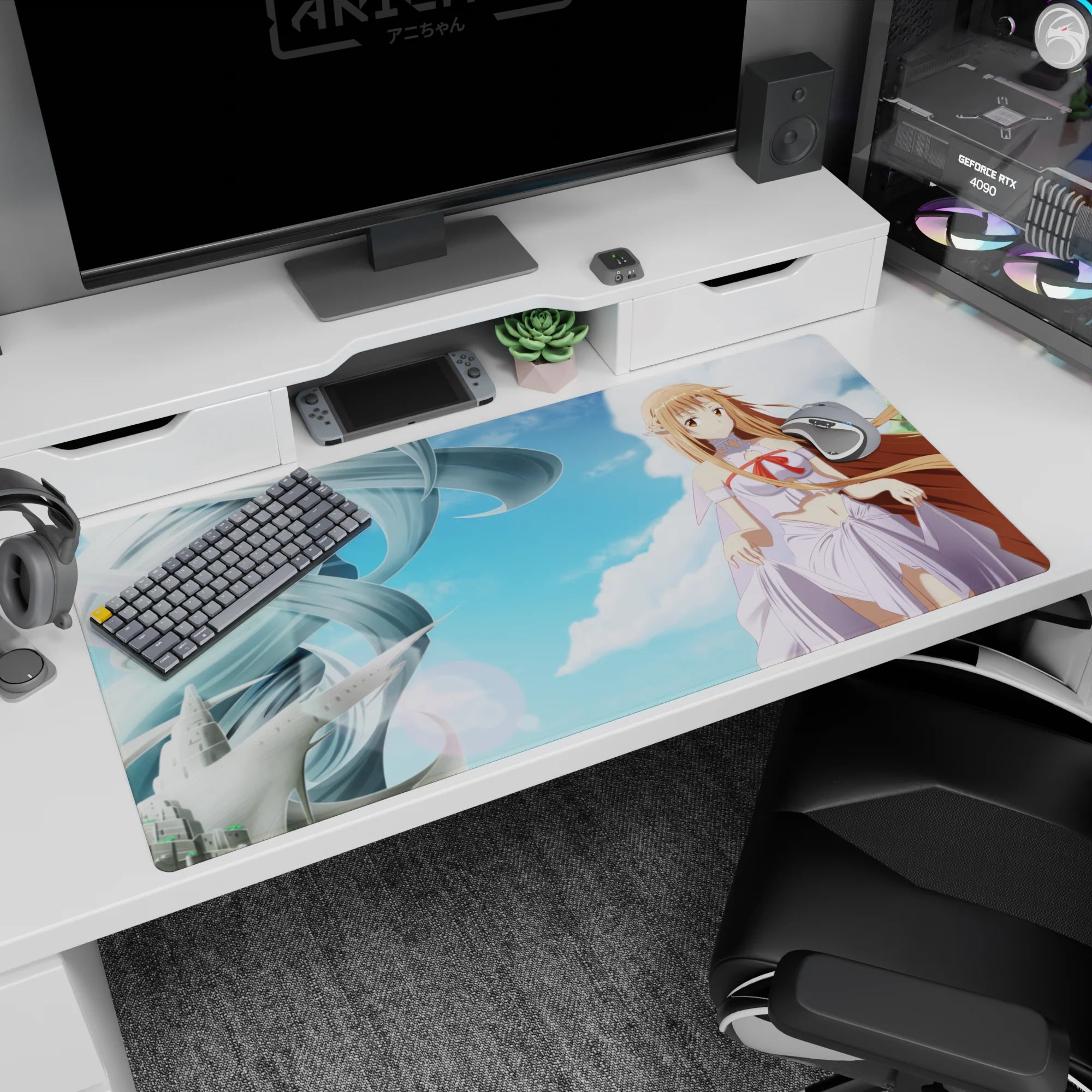 Asuna from Sword Art Online in flowing dress with red bow on anime girl desk pad 40x20 inches.