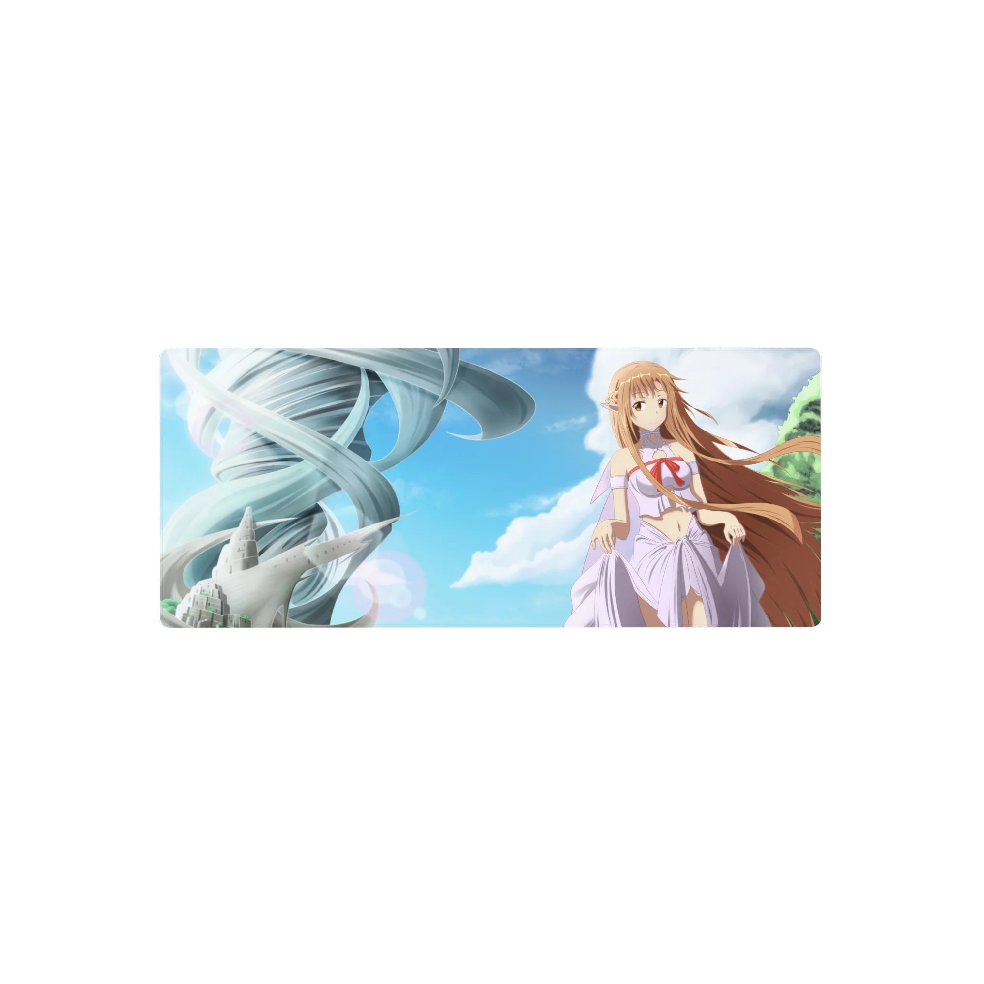 28x12 inches anime girl mouse pad with Asuna floating above a city, sky-blue clouds and silver spiral tower.