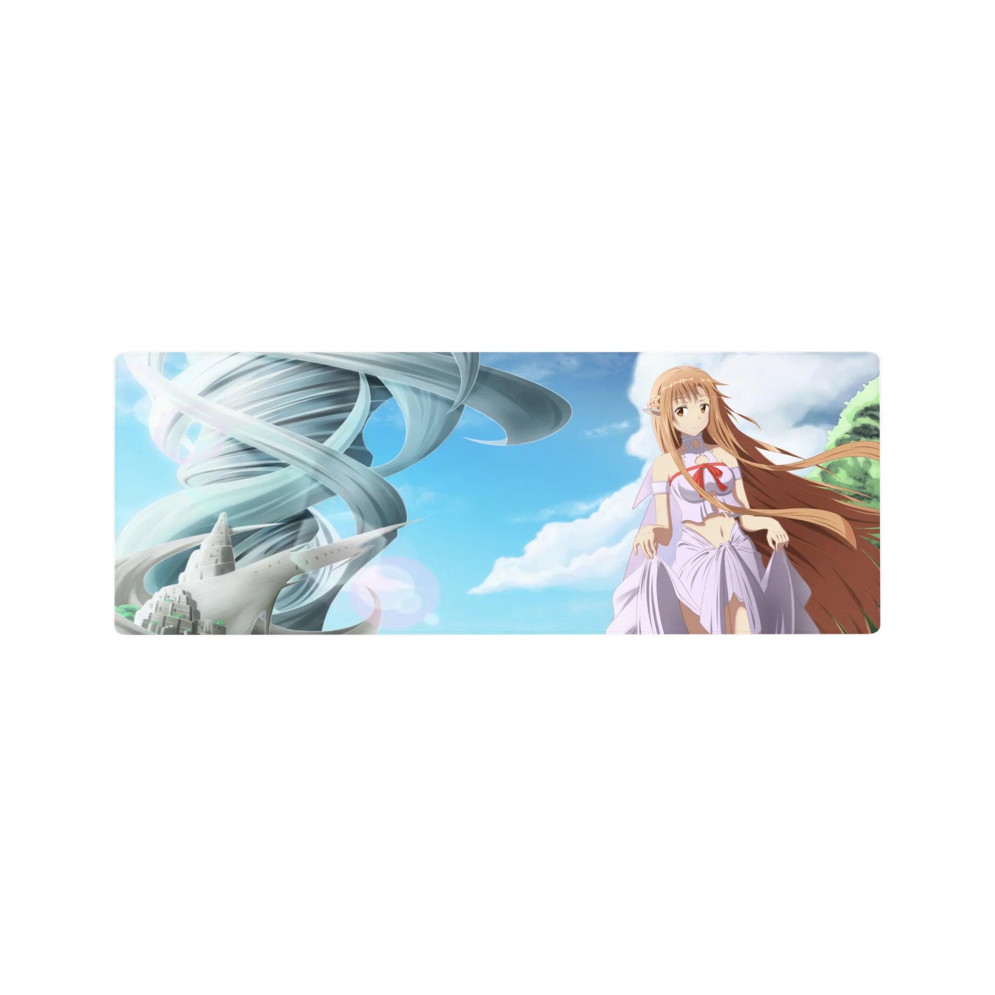 32x12 inches anime girl mouse pad with Asuna floating over city shapes and a silver spiral tower, blue clouds.