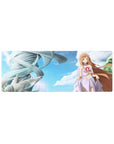 32x12 inches anime girl mouse pad with Asuna floating over city shapes and a silver spiral tower, blue clouds.