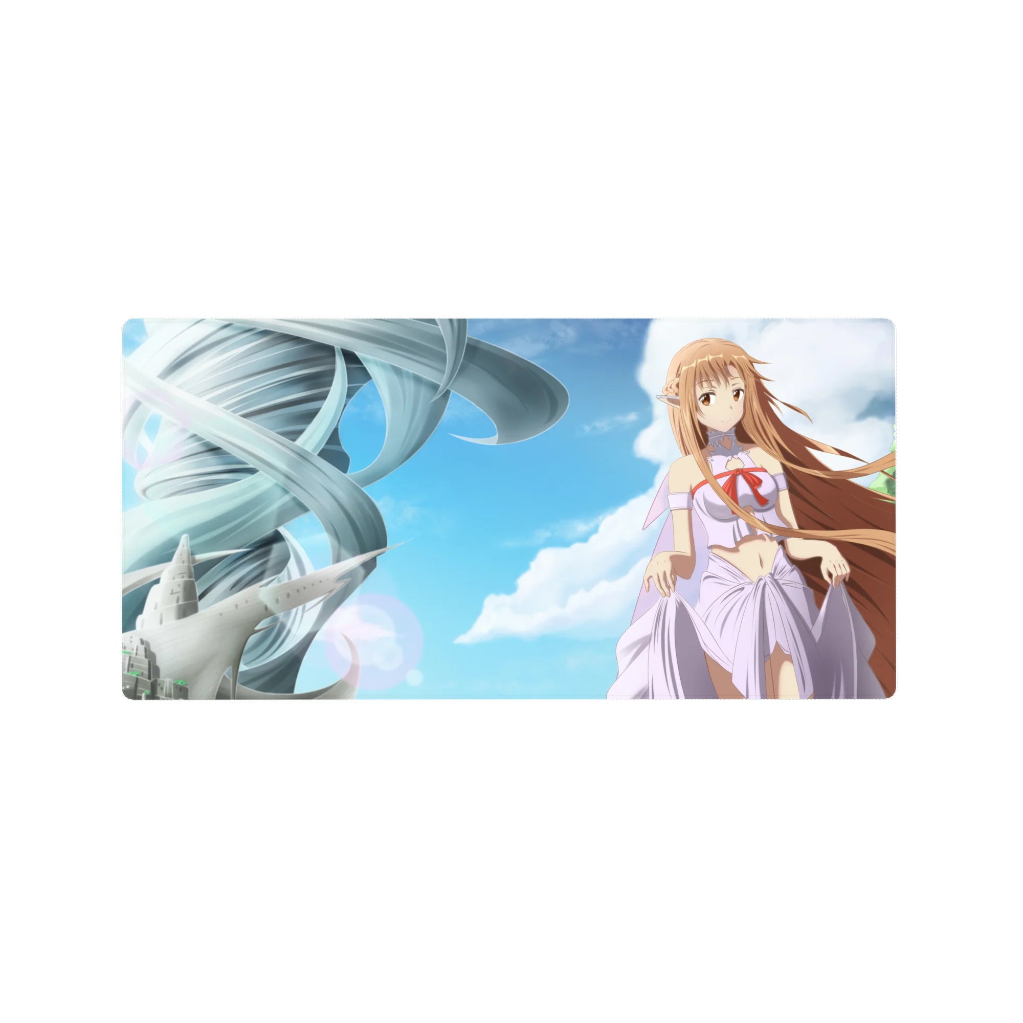 32x16 inches anime girl mouse pad with Asuna floating over city shapes and sky-blue clouds, spiral tower.