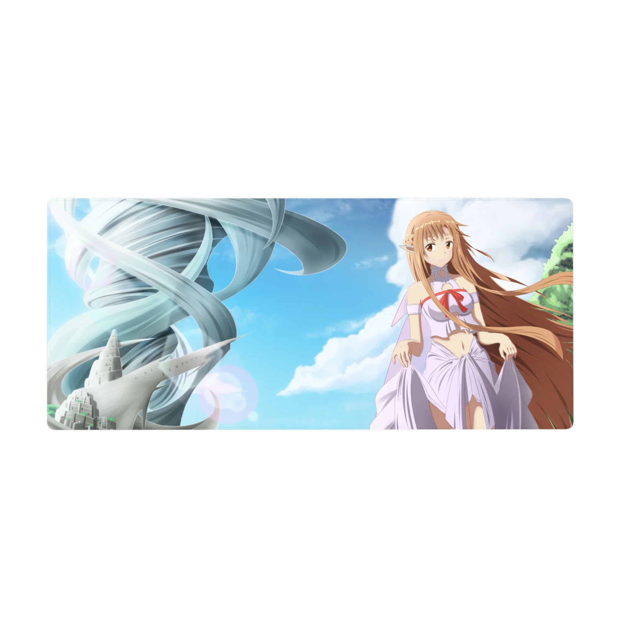 Anime girl desk pad 36x16 inches with Asuna floating above clouds and a silver spiral tower cityscape.