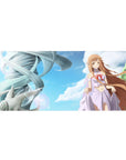 Anime girl desk pad 36x16 inches with Asuna floating above clouds and a silver spiral tower cityscape.