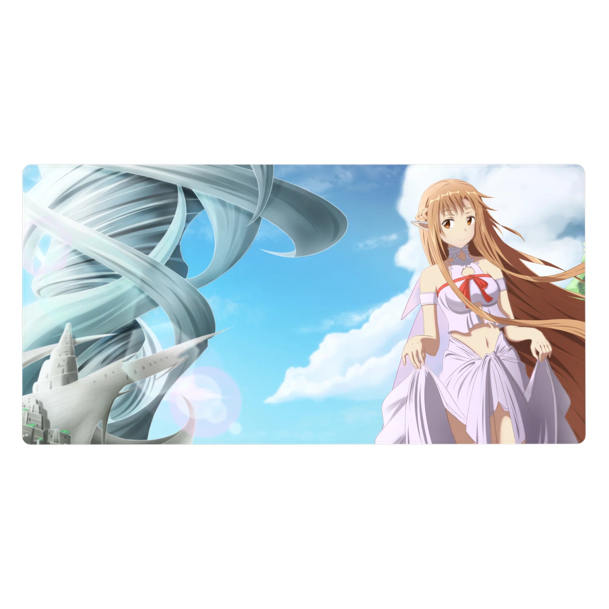 Anime girl desk pad 40x20 inches with Asuna floating above city shapes and spiral silver tower.