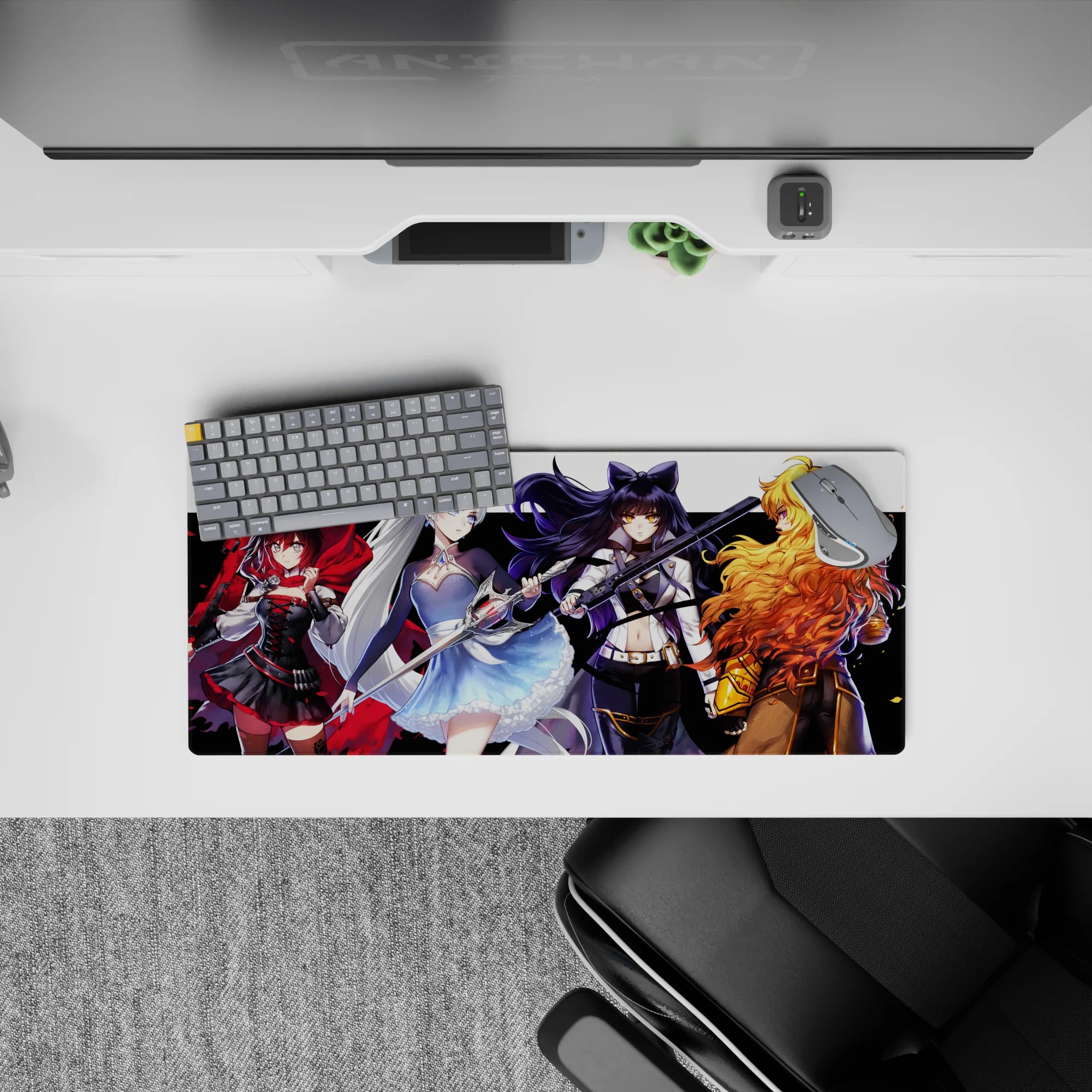Vibrant red, icy blue, midnight black, and golden tones anime girl mouse pad 28x12 inches.