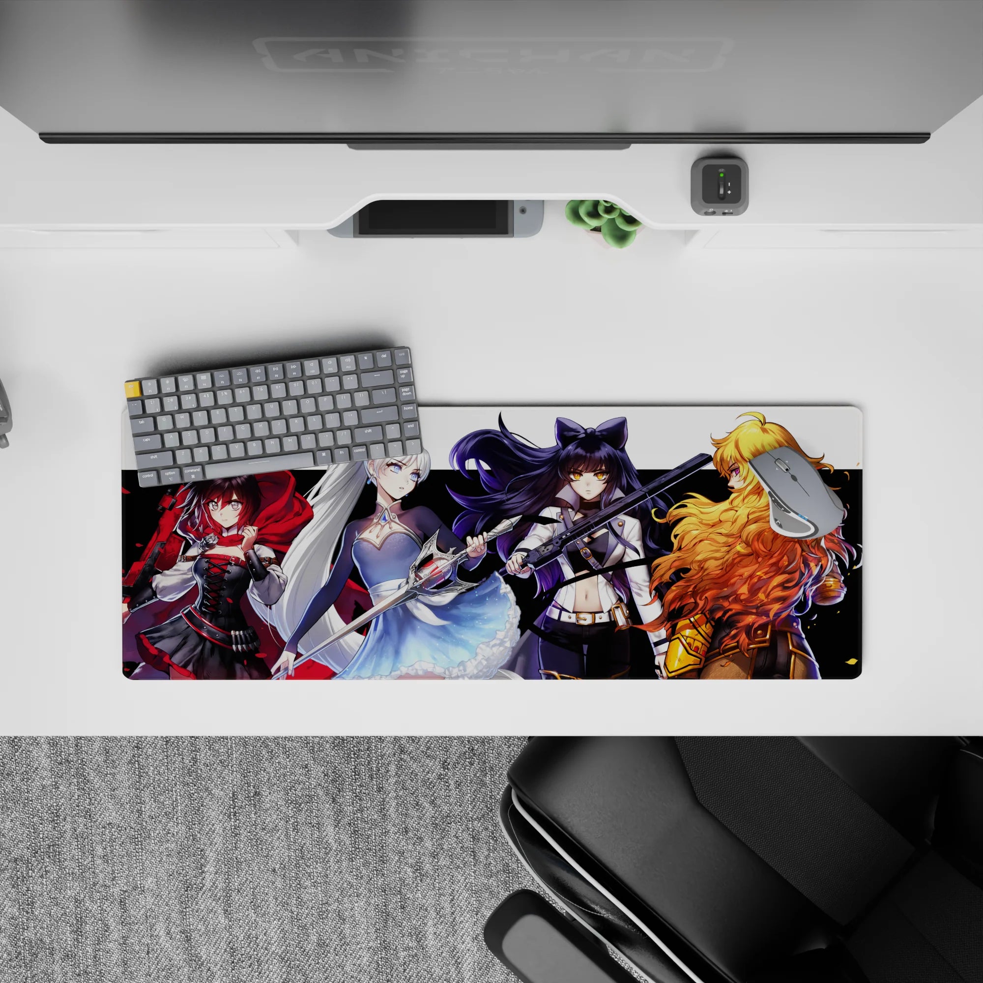 Cinematic red, icy blue, midnight black, and golden sunset tones on anime girl mouse pad 32x12 inches.