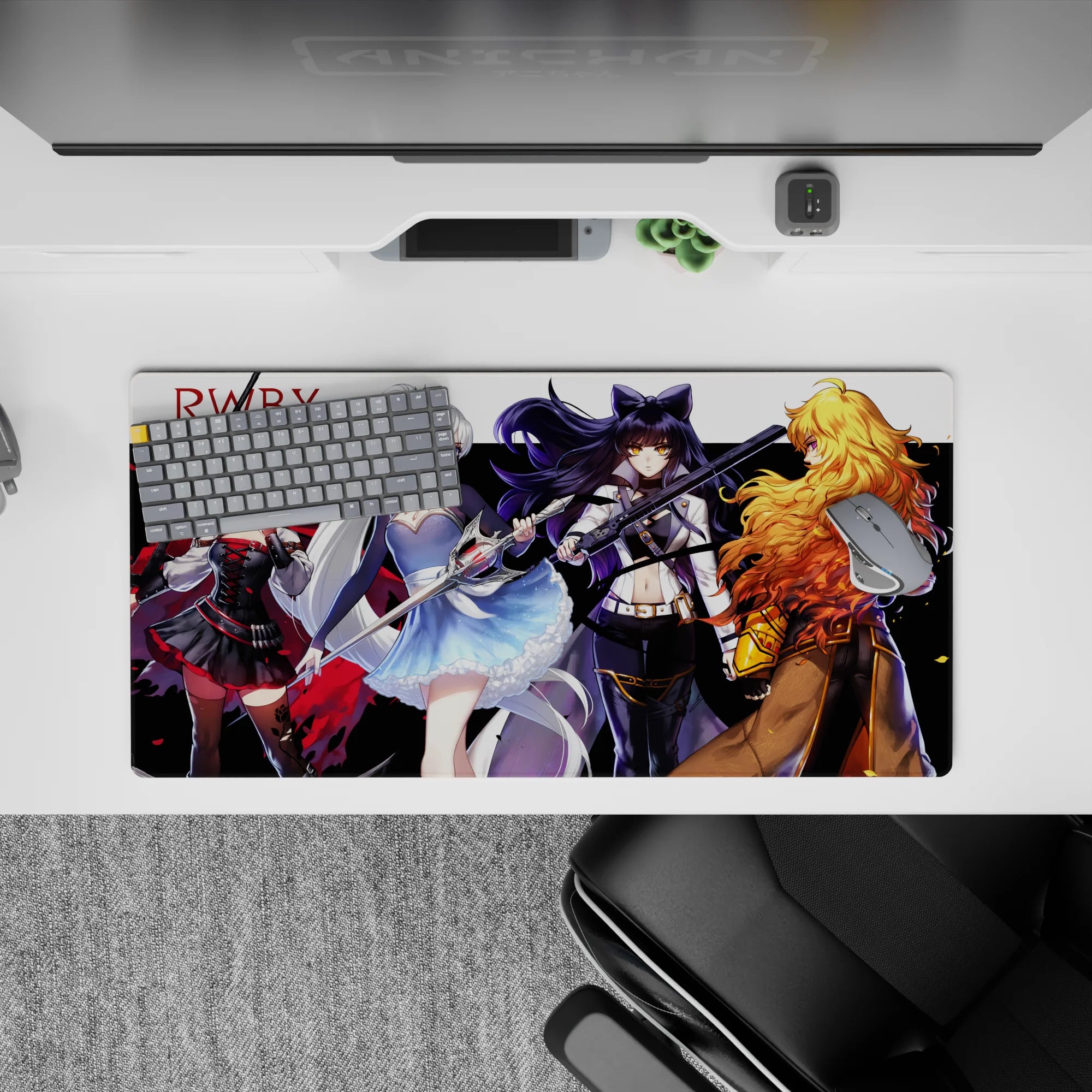 Cinematic anime girl mouse pad 32x16 inches in bold reds, icy blues, midnight blacks, and sunset golds.
