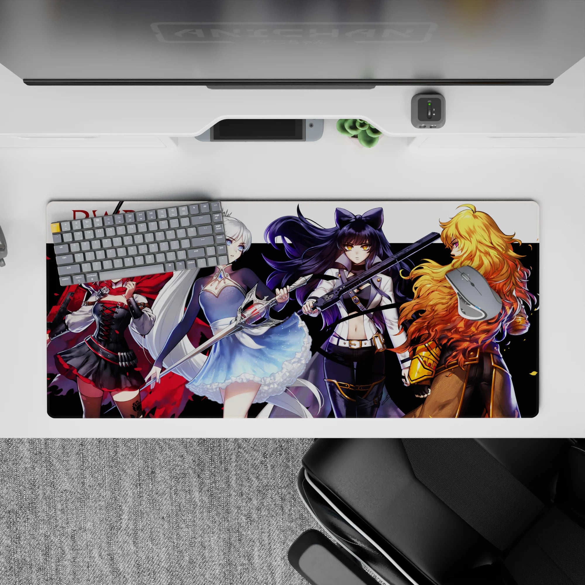 Cinematic red, icy blue, midnight black, and golden sunset tones anime girl desk pad, 36x16 inches.