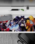 Cinematic red, icy blue, midnight black, and golden sunset tones anime girl desk pad, 36x16 inches.
