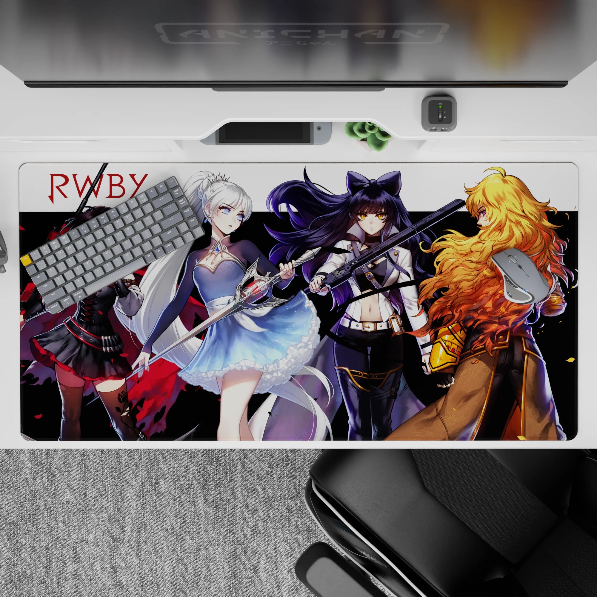 Cinematic anime girl desk pad in red, icy blue, midnight black, and golden tones, 40x20 inches.