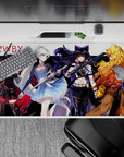 Cinematic anime girl desk pad in red, icy blue, midnight black, and golden tones, 40x20 inches.