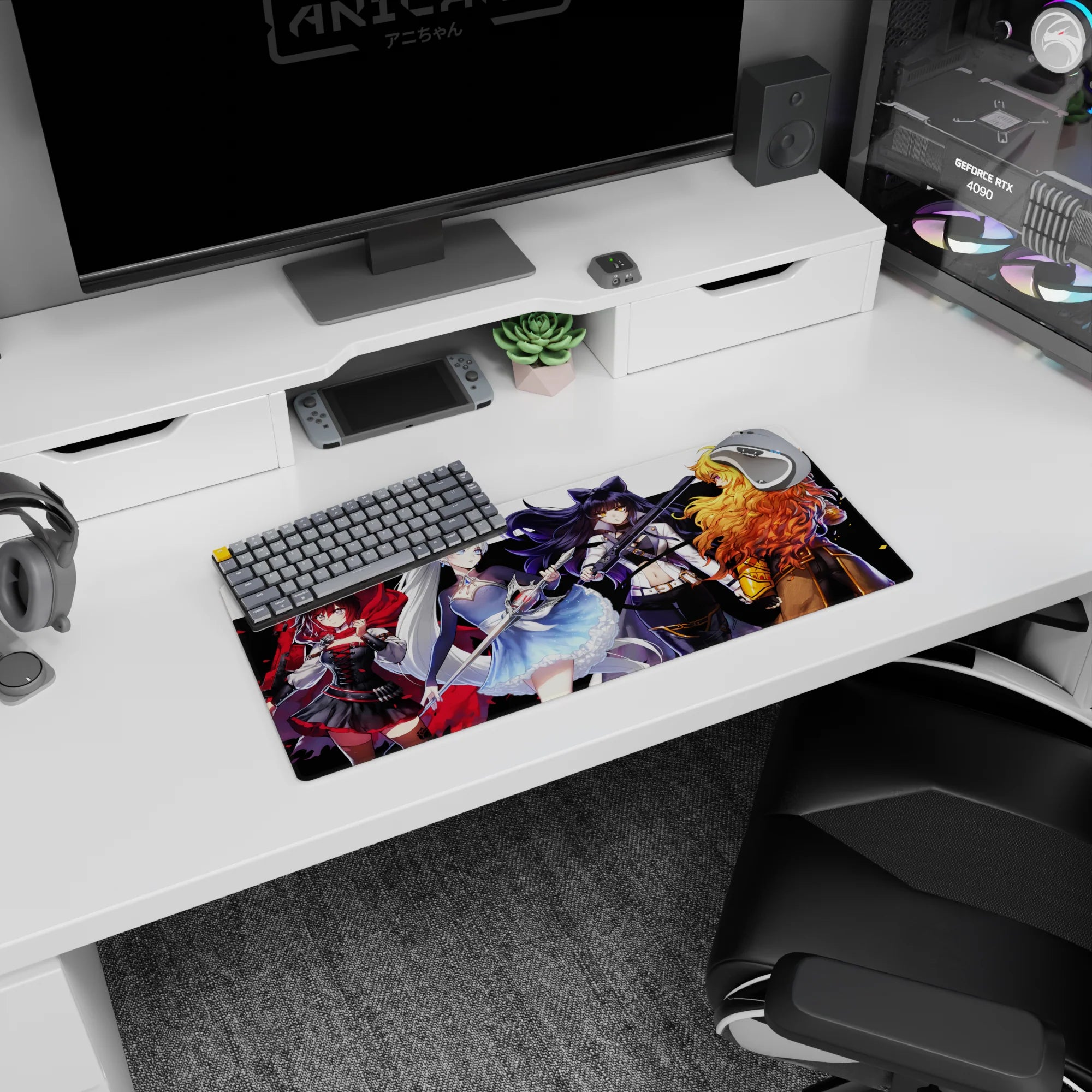 Ruby leads with red cloak and team weapons forward on anime girl mouse pad 28x12 inches.