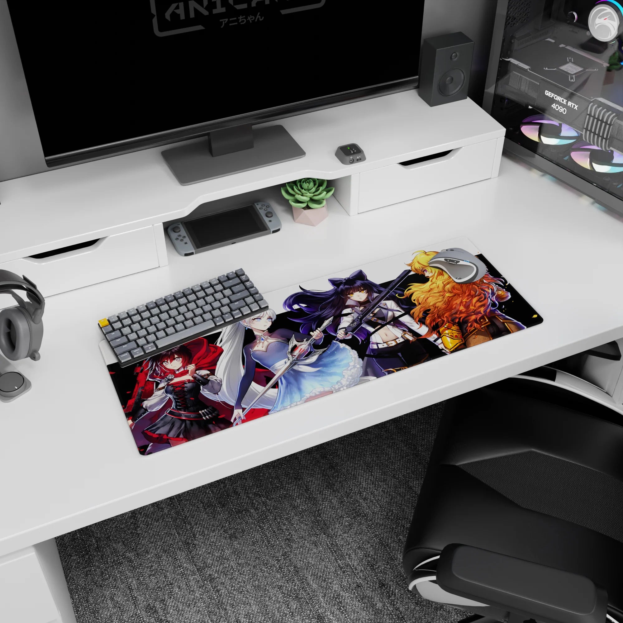 Ruby, Weiss, Blake, and Yang in bold spread with sharp black stripe on anime girl mouse pad 32x12 inches.