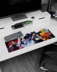 Ruby, Weiss, Blake, and Yang in bold spread with sharp black stripe on anime girl mouse pad 32x12 inches.