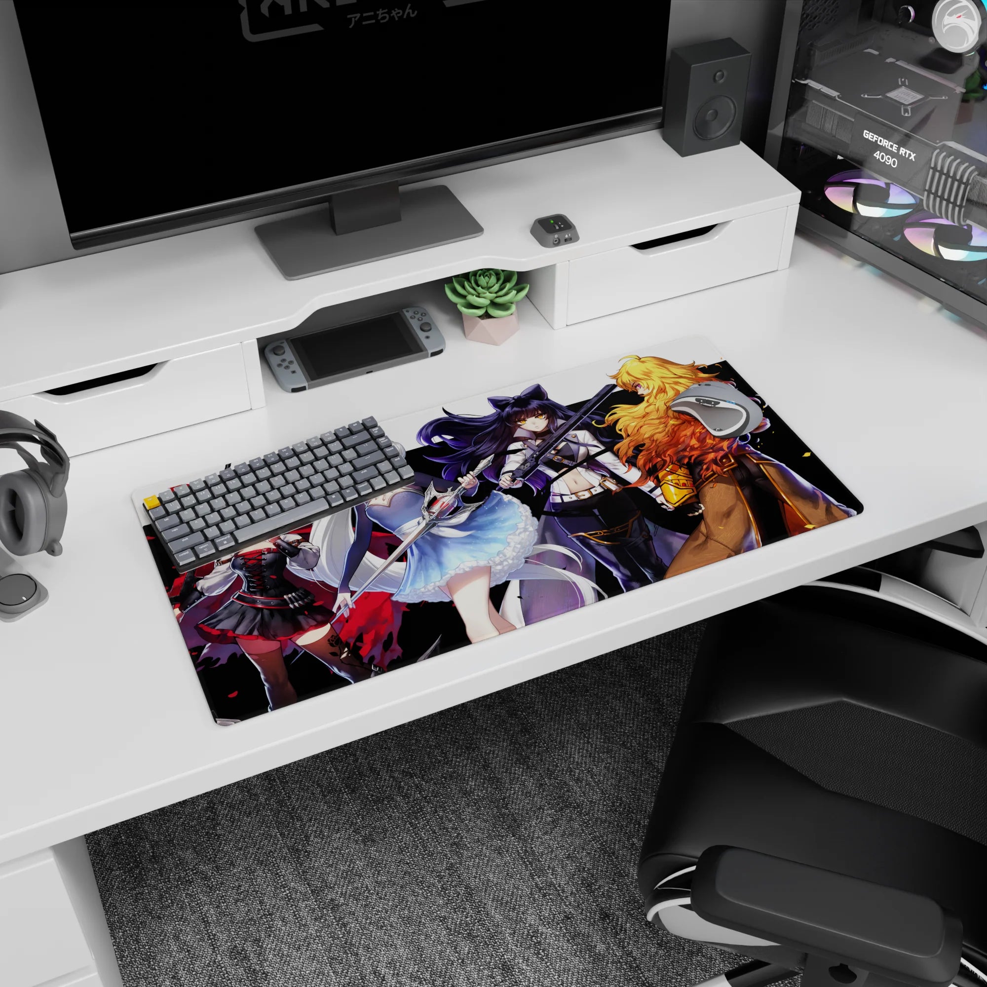 Ruby, Weiss, Blake and Yang battle-ready spread anime girl mouse pad 32x16 inches, eyes locked ahead.
