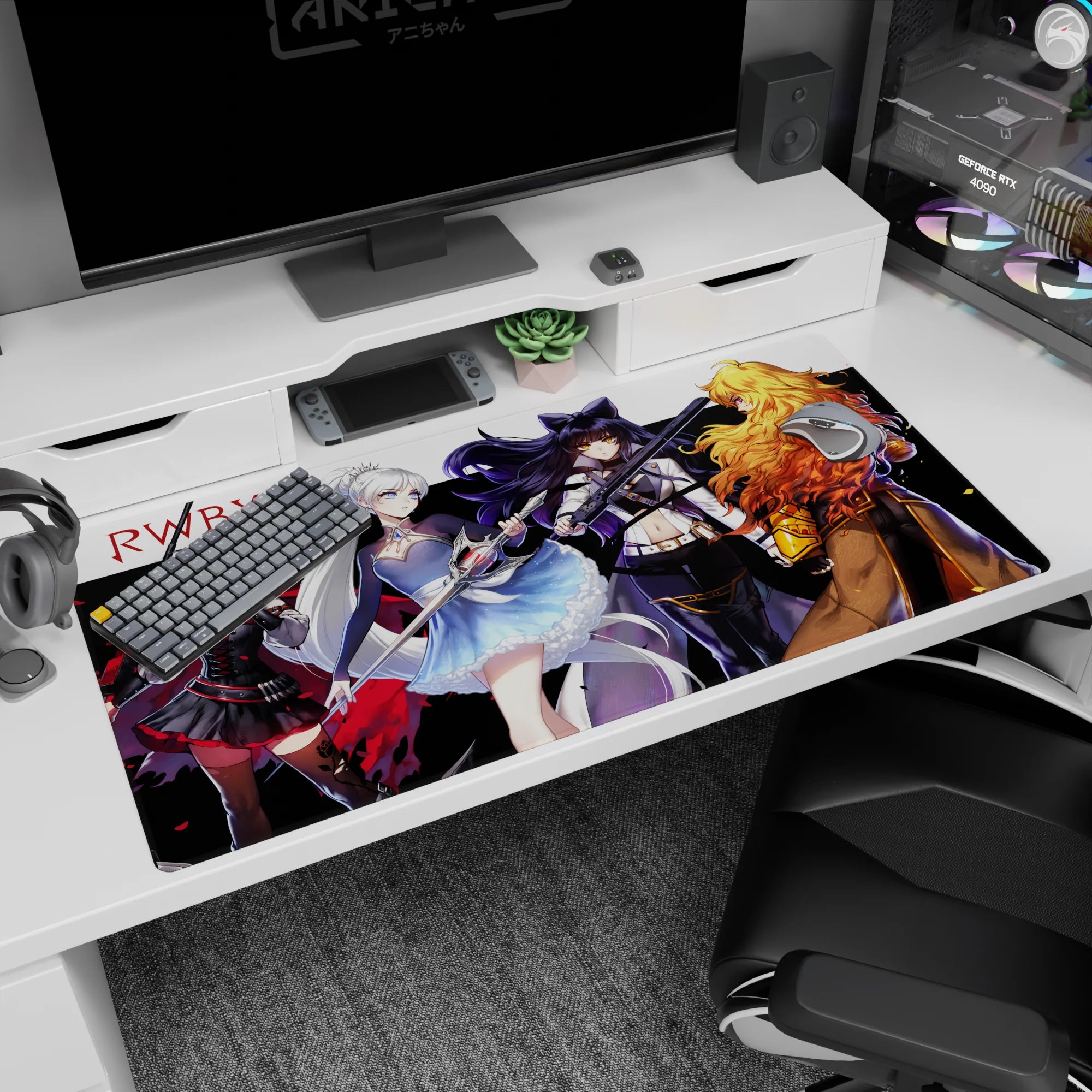 Ruby leads Team RWBY on an anime girl desk pad with bold poses and sharp stripe, 40x20 inches.