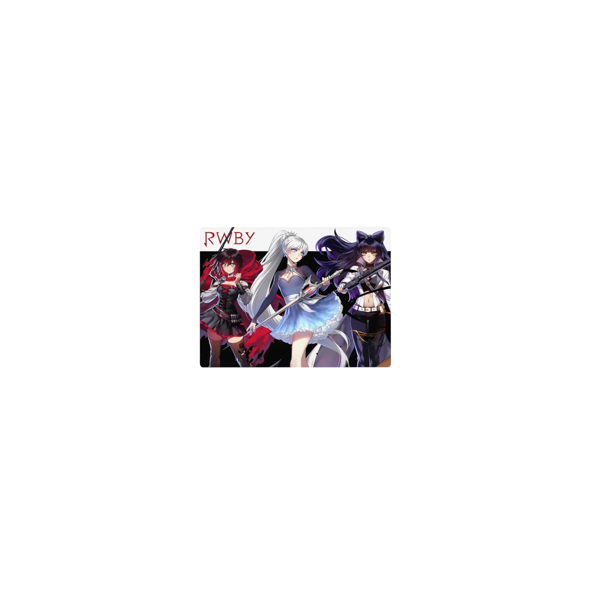RWBY Team lineup classic anime girl mouse pad 14x10 inches with weapons on white backdrop and black stripe.