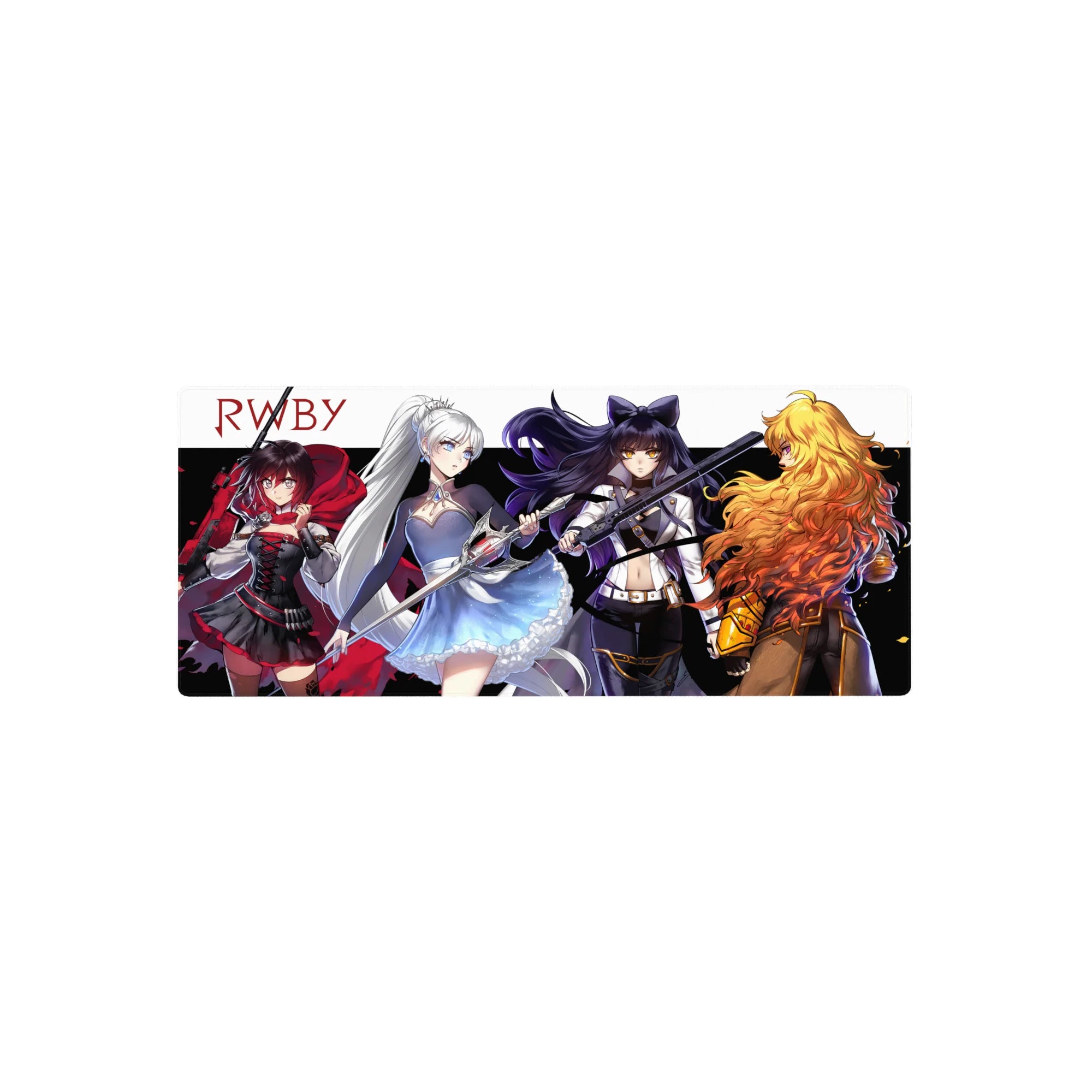 RWBY team lineup anime girl mouse pad 28x12 inches, cinematic spread on white with black stripe.
