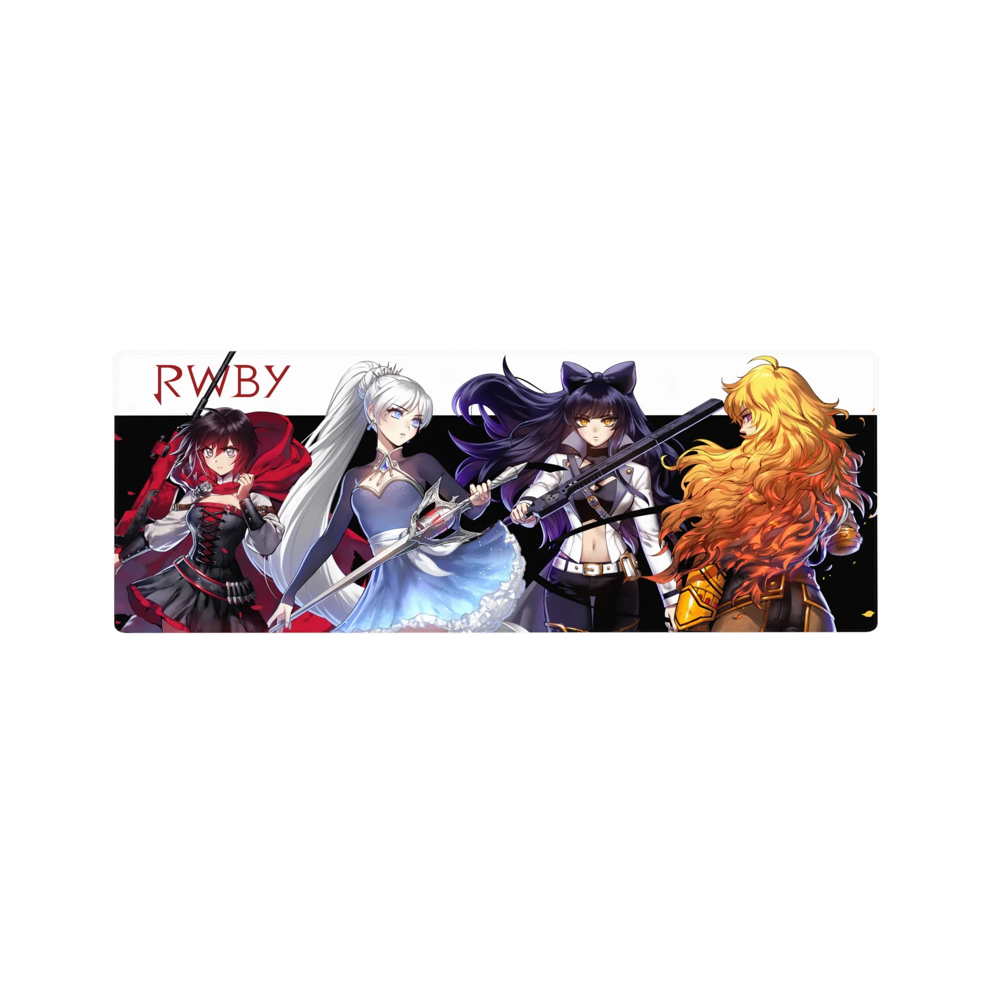 RWBY team lineup anime girl mouse pad 32x12 inches with weapons forward on white background.