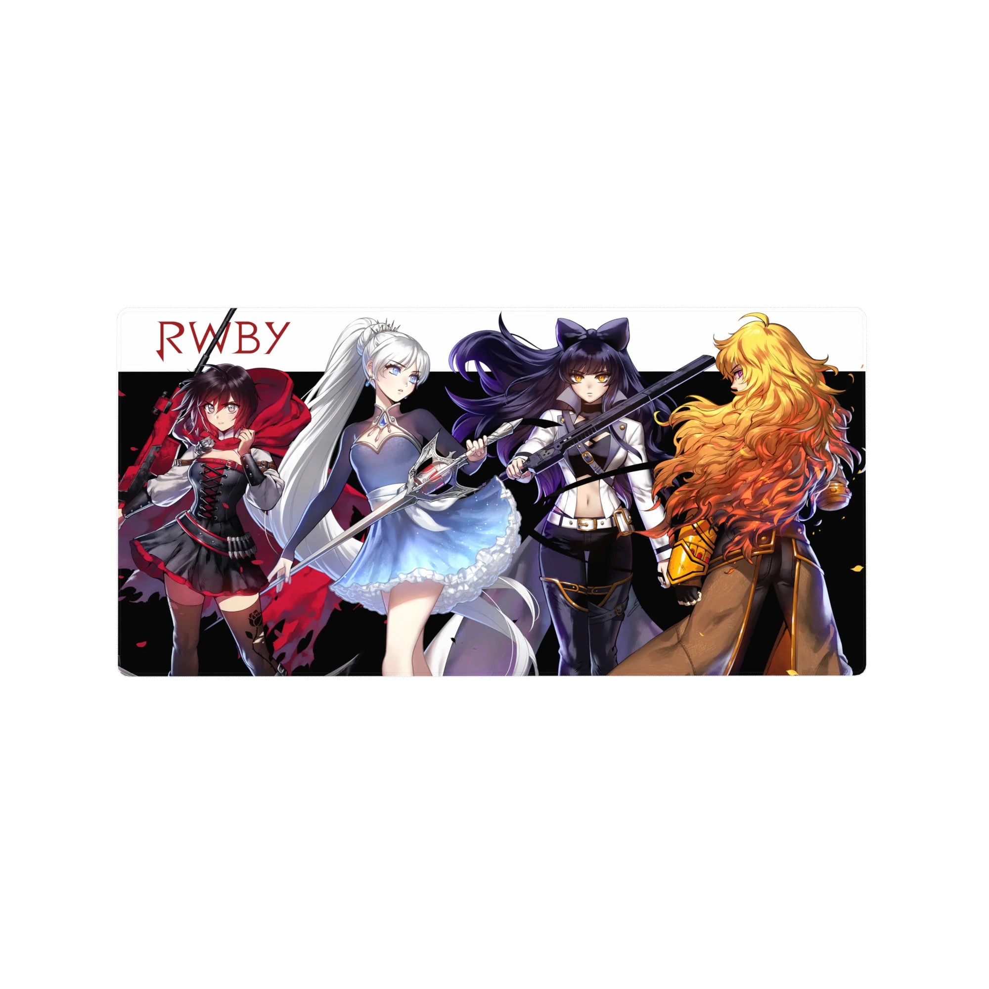 RWBY team lineup anime girl mouse pad 32x16 inches with weapons forward on white backdrop and black stripe.