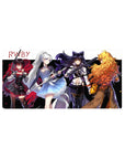 RWBY team lineup anime girl mouse pad 32x16 inches with weapons forward on white backdrop and black stripe.